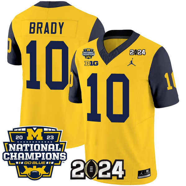 Men's Michigan Wolverines #10 Tom Brady Yellow/Navy 2024 F.U.S.E. With 2023 National Champions Patch Stitched Jersey