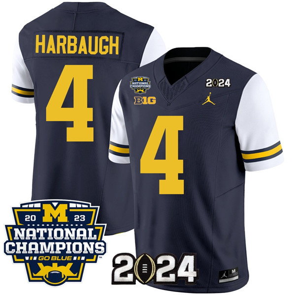 Men's Michigan Wolverines #4 Jim Harbaugh Navy/White 2024 F.U.S.E. With 2023 National Champions Patch Stitched Jersey