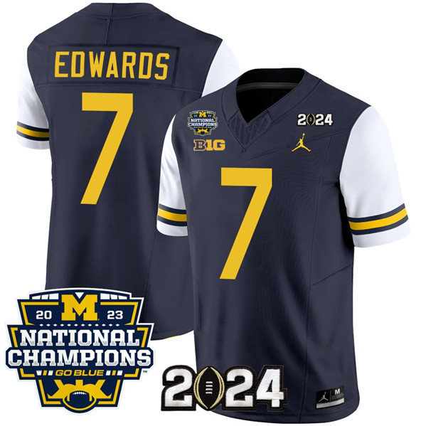 Men's Michigan Wolverines #7 Donovan Edwards Navy/White 2024 F.U.S.E. With 2023 National Champions Patch Stitched Jersey