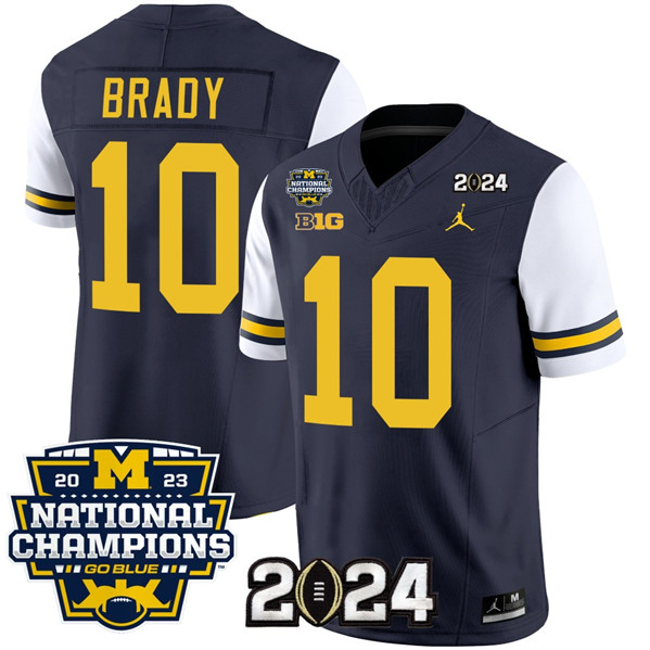 Men's Michigan Wolverines #10 Tom Brady Navy/White 2024 F.U.S.E. With 2023 National Champions Patch Stitched Jersey