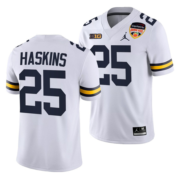 Wolverines Michigan #25 Hassan Haskins White College Football Playoff Stitched Jersey