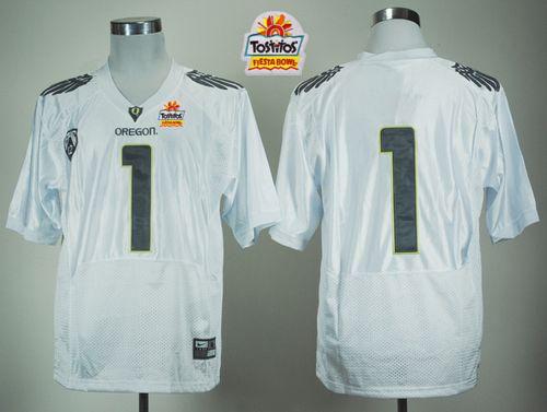 Ducks #1 Fan White With PAC-12 Patch Tostitos Fiesta Bowl Stitched NCAA Jersey