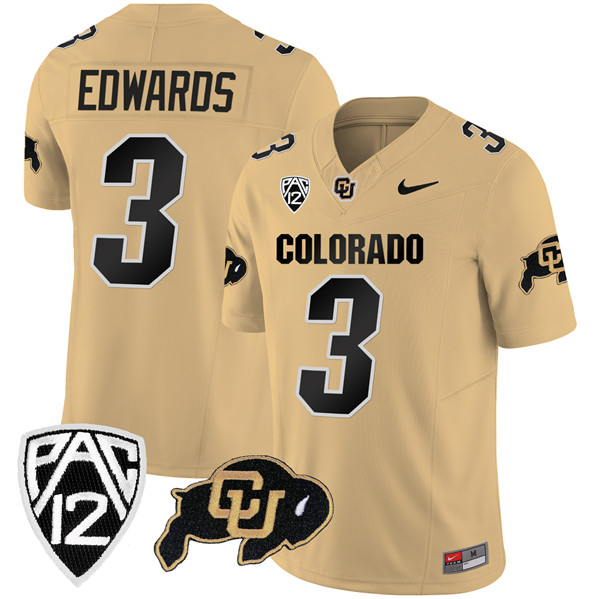 Men's Colorado Buffaloes #3 Dylan Edwards Gold 2023 F.U.S.E. With PAC-12 Patch Stitched Football Jersey