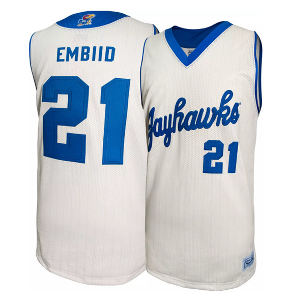 Men's Kansas Jayhawks #21 Joel Embiid White Basketball Stitched Jersey