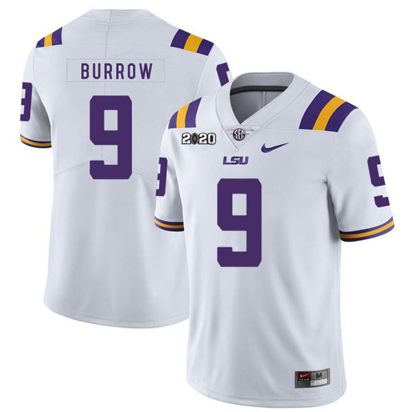 Men's LSU Tigers #9 Joe Burrow White With 2020 Patch Limited Stitched NCAA Jersey