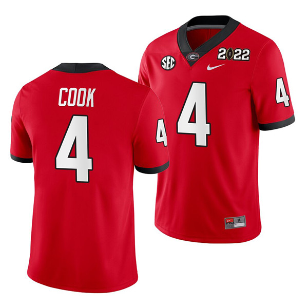 Men's Georgia Bulldogs #4 James Cook 2022 Patch Red College Football Stitched Jersey