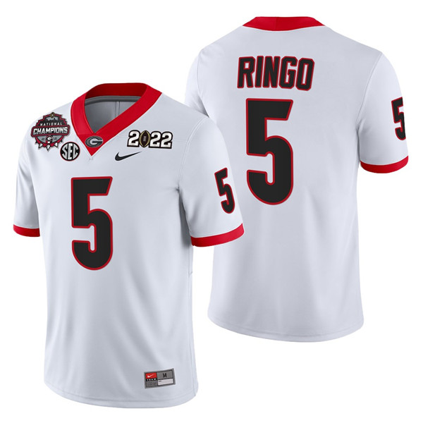 Men's Georgia Bulldogs #5 Kelee Ringo 2021/22 CFP National Champions White College Football Stitched Jersey