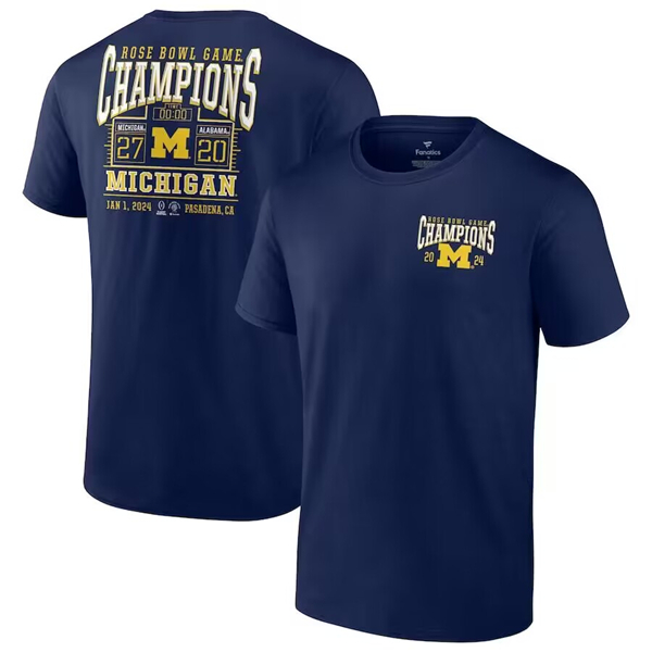 Men's Michigan Wolverines Navy 2024 Rose Bowl Champions Score T-Shirt
