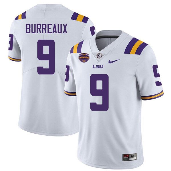 Men's LSU Tigers #9 Joe Burreaux White with 2019 College national champions patch Limited Stitched Jersey