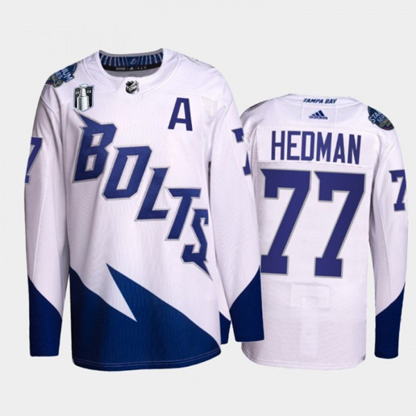 Men's Tampa Bay Lightning #77 Victor Hedman 2022 White Stanley Cup Final Patch Stitched Jersey