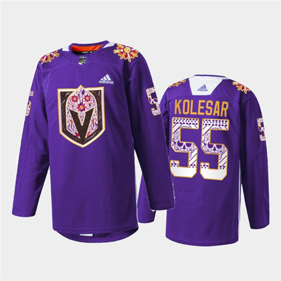 Men's Vegas Golden Knights #55 Keegan Kolesar Purple Hispanic Heritage Warmup Stitched Jersey
