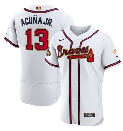 Men's Atlanta Braves #13 Ronald Acuña Jr. 2022 White/Gold World Series Champions Program Flex Base Stitched Baseball Jersey