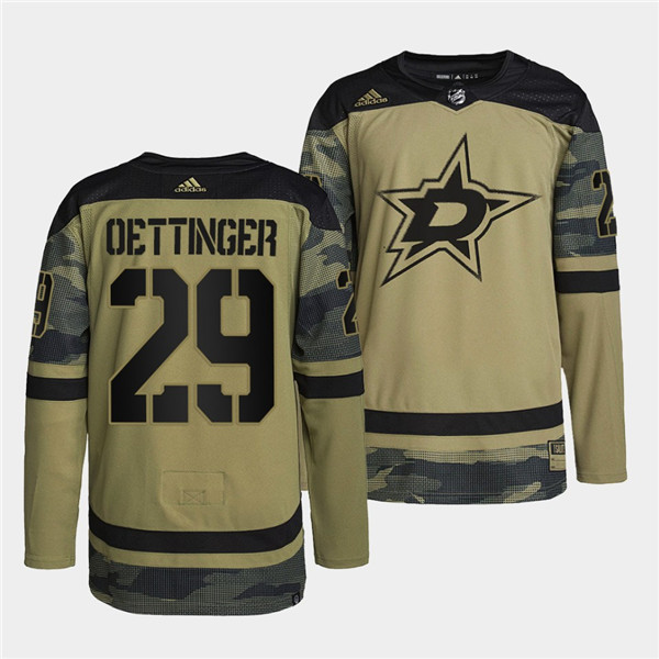 Men's Dallas Stars #29 Jake Oettinger 2022 Camo Military Appreciation Night Stitched Jersey