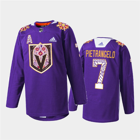 Men's Vegas Golden Knights #7 Alex Pietrangelo Purple Hispanic Heritage Warmup Stitched Jersey