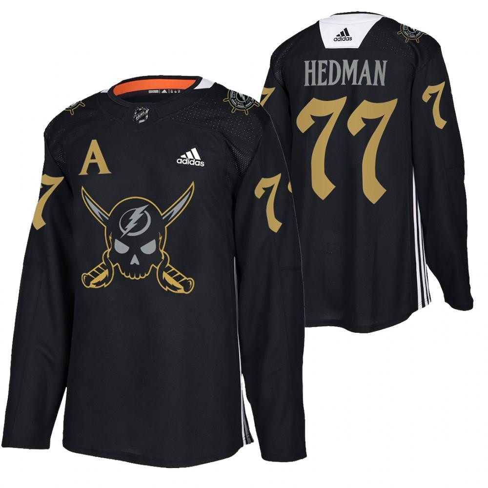 Men's Tampa Bay Lightning #77 Victor Hedman Black Gasparilla Inspired Pirate-Themed Warmup Stitched Jersy