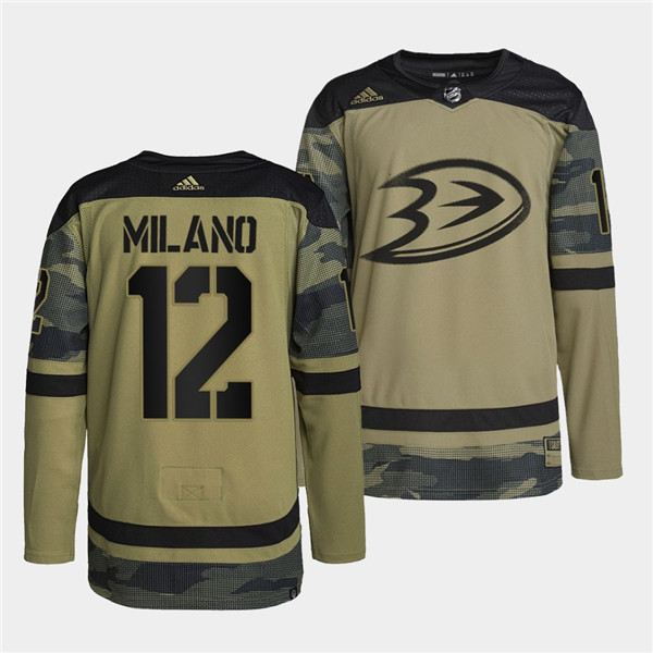 Men's Anaheim Ducks #12 Sonny Milano 2022 Camo Military Appreciation Night Stitched Jersey