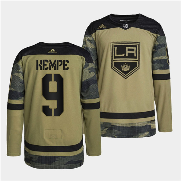 Men's Los Angeles Kings #9 Adrian Kempe 2022 Camo Military Appreciation Night Stitched Jersey