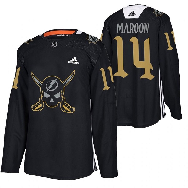 Men's Tampa Bay Lightning #14 Pat Maroon Black Gasparilla Inspired Pirate-Themed Warmup Stitched Jersy