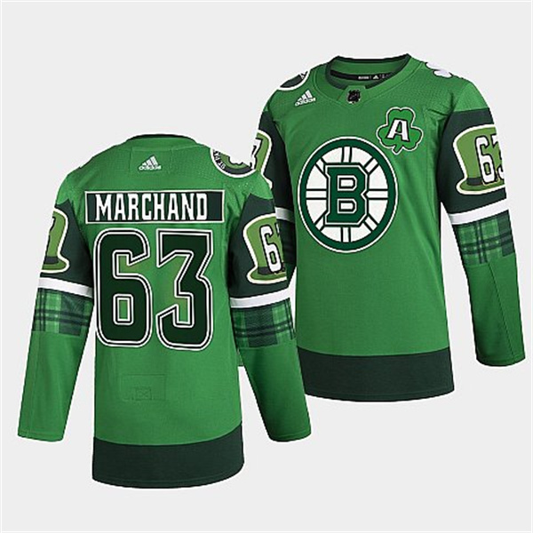 Men's Boston Bruins #63 Brad Marchand 2022 Green St Patricks Day Warm-Up Stitched Jersey