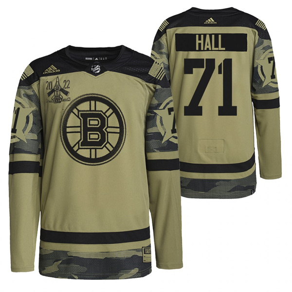 Men's Boston Bruins #71 Taylor Hall 2022 Camo Military Appreciation Night Stitched Jersey