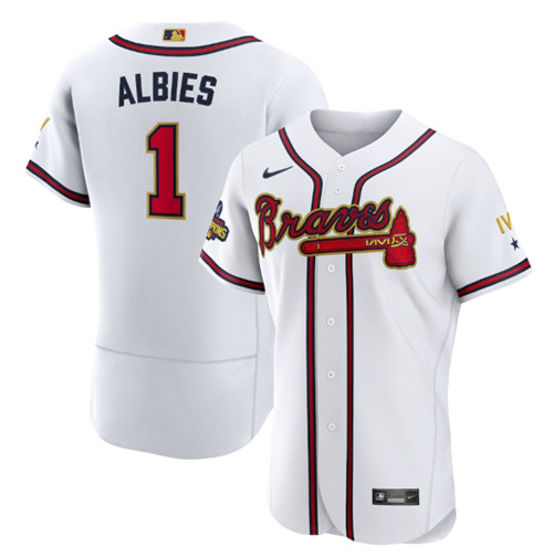 Men's Atlanta Braves #1 Ozzie Albies 2022 White/Gold World Series Champions Program Flex Base Stitched Baseball Jersey