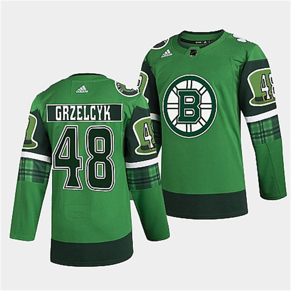 Men's Boston Bruins #48 Matt Grzelcyk 2022 Green St Patricks Day Warm-Up Stitched Jersey
