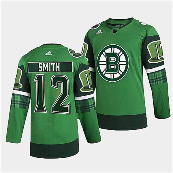 Men's Boston Bruins #12 Craig Smith 2022 Green St Patricks Day Warm-Up Stitched Jersey