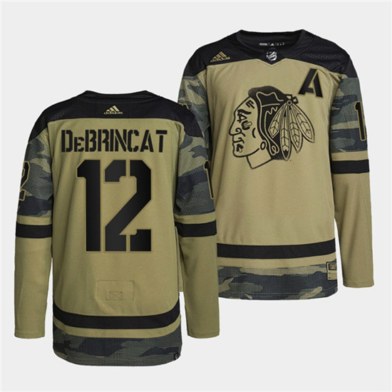 Men's Chicago Blackhawks #12 Alex DeBrincat 2022 Camo Military Appreciation Night White Stitched Jersey