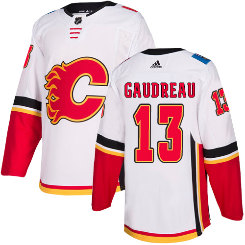 Men's Calgary Flames #13 Johnny Gaudreau White Away Stitched NHL Jersey