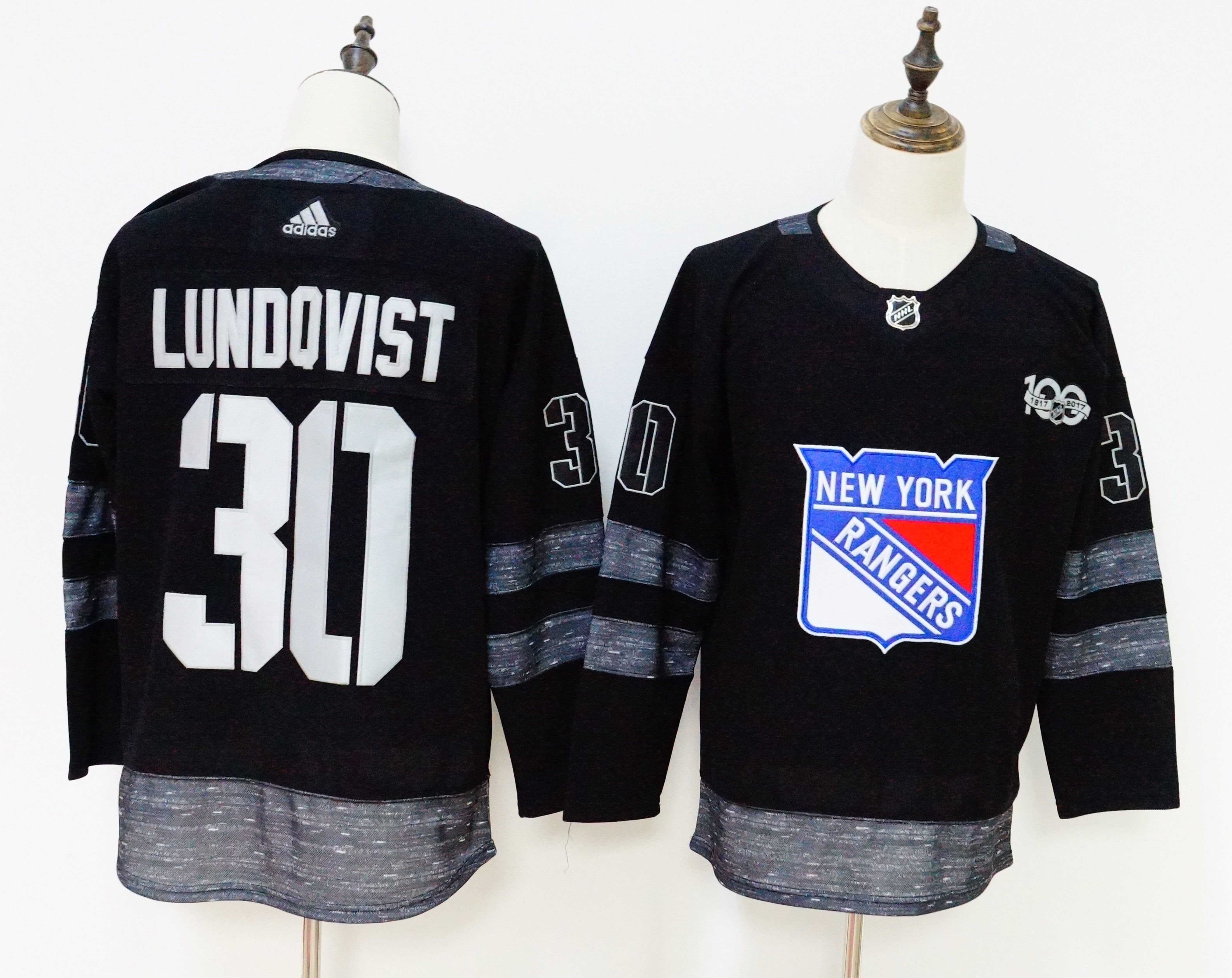 Men's Adidas New York Rangers #30 Henrik Lundqvist Black 1917-2017 100th Anniversary Stitched NHL Jersey