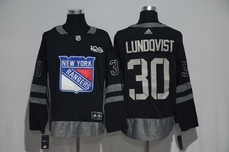 Rangers #30 Henrik Lundqvist Black Men's 1917-2017 100th Anniversary Stitched NHL Jersey