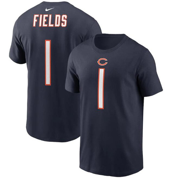 Men's Chicago Bears #1 Justin Fields 2021 Navy NFL Draft First Round Pick Player Name & Number T-Shirt