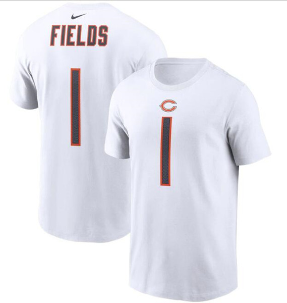 Men's Chicago Bears #1 Justin Fields 2021 White NFL Draft First Round Pick Player Name & Number T-Shirt