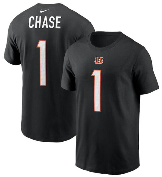 Men's Cincinnati Bengals #1 Ja'Marr Chase 2021 Black NFL Draft First Round Pick Player Name & Number T-Shirt