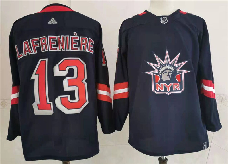 Men's New York Rangers #13 Alexis Lafrenière 2021 Navy Reverse Retro Stitched NHL Jersey