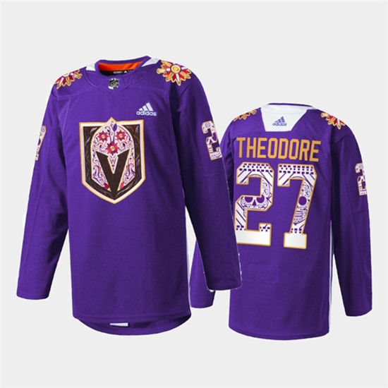 Men's Vegas Golden Knights #27 Shea Theodore Purple Hispanic Heritage Warmup Stitched Jersey