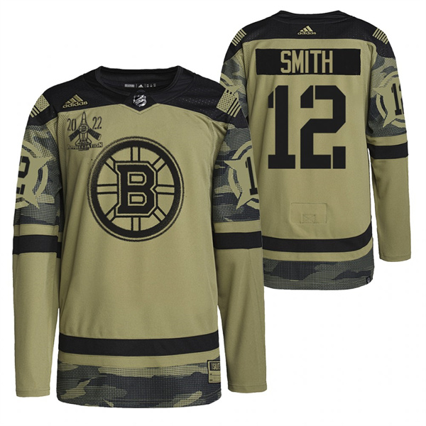 Men's Boston Bruins #12 Craig Smith 2022 Camo Military Appreciation Night Stitched Jersey