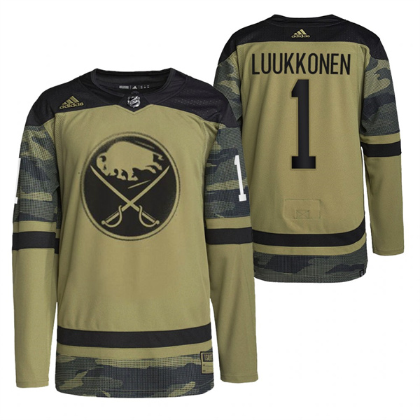 Men's Buffalo Sabres #1 Ukko-Pekka Luukkonen 2022 Camo Military Appreciation Night Stitched Jersey