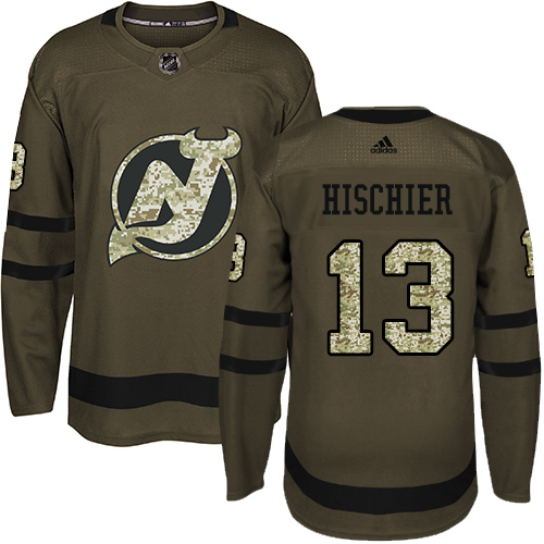 Men's New Jersey Devils #13 Nico Hischier Green Salute To Service Stitched NHL Jersey
