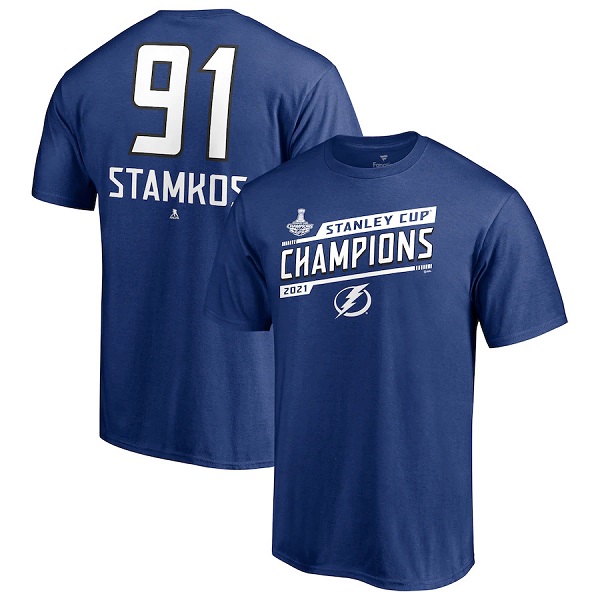 Men's Tampa Bay Lightning #91 Steven Stamkos 2021 Blue Stanley Cup Champions Name & Number T-Shirt