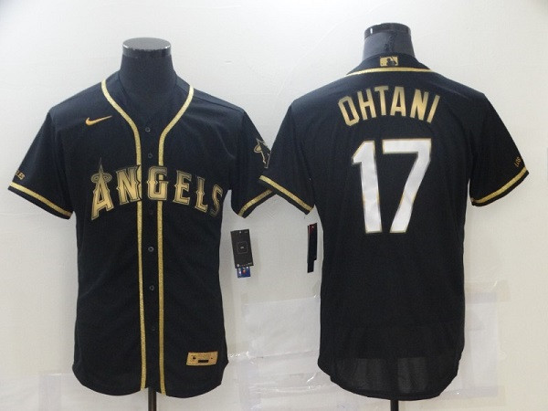 Men's Los Angeles Angels #17 Shohei Ohtani 2021 Black Golden Edition Flex Base Stitched Baseball Jersey