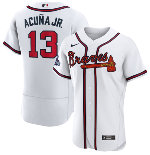 Men's Atlanta Braves #13 Ronald Acuna Jr. 2021 White World Series Champions Stitched Baseball Jersey