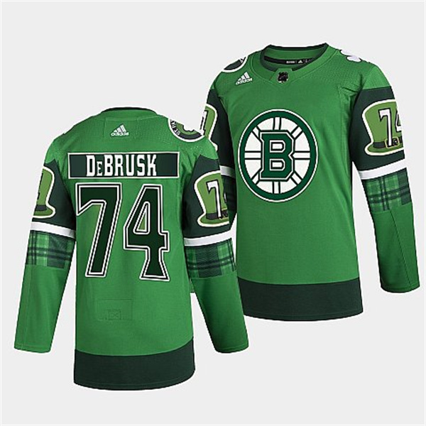 Men's Boston Bruins #74 Jake DeBrusk 2022 Green St Patricks Day Warm-Up Stitched Jersey
