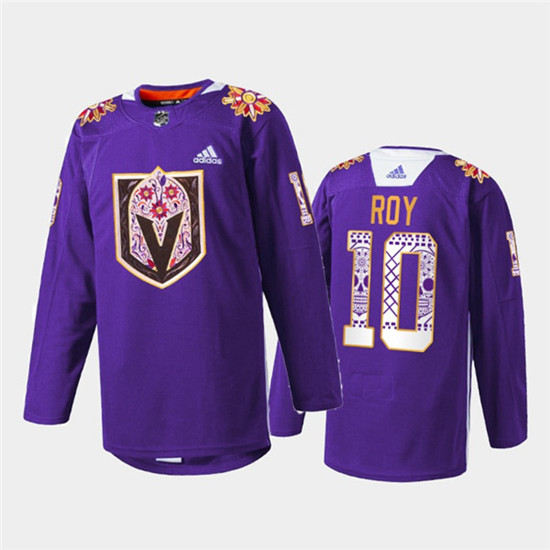Men's Vegas Golden Knights #10 Nicolas Roy Purple Hispanic Heritage Warmup Stitched Jersey