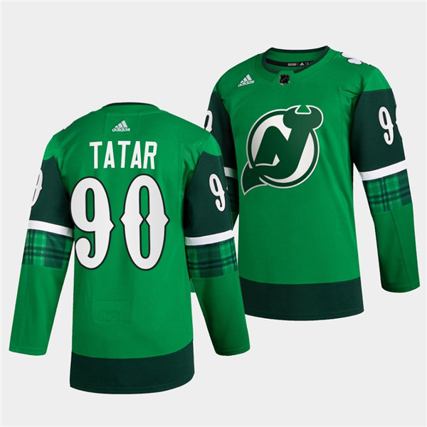 Men's New Jersey Devils #90 Tomas Tatar Green Warm-Up St Patricks Day Stitched Jersey