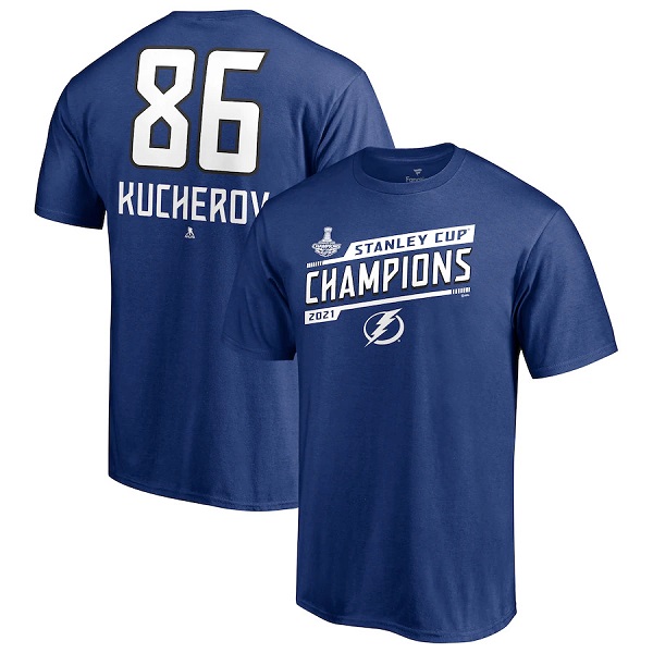 Men's Tampa Bay Lightning #86 Nikita Kucherov 2021 Blue Stanley Cup Champions Name & Number T-Shirt
