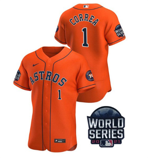 Men's Houston Astros #1 Carlos Correa 2021 Orange World Series Flex Base Stitched Baseball Jersey