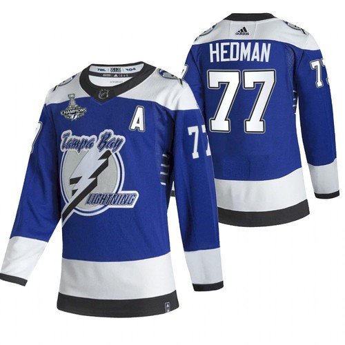 Men's Tampa Bay Lightning #77 Victor Hedman 2021 Blue Stanley Cup Champions Reverse Retro Stitched NHL Jersey