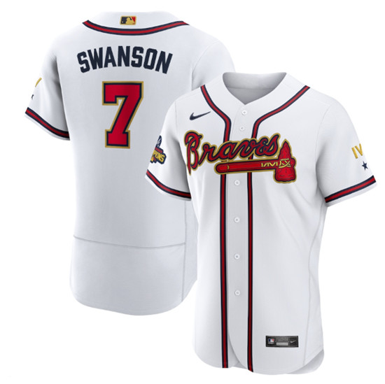Men's Atlanta Braves #7 Dansby Swanson 2022 White/Gold World Series Champions Program Flex Base Stitched Baseball Jersey