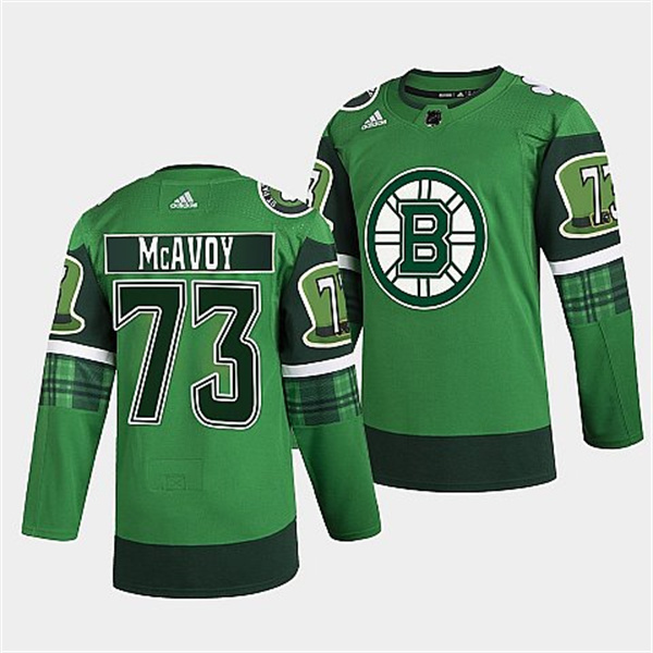 Men's Boston Bruins #73 Charlie McAvoy 2022 Green St Patricks Day Warm-Up Stitched Jersey